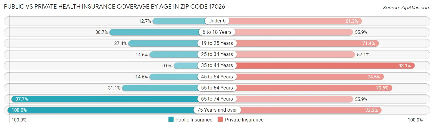 Public vs Private Health Insurance Coverage by Age in Zip Code 17026