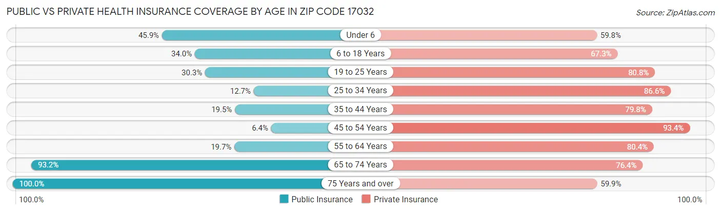 Public vs Private Health Insurance Coverage by Age in Zip Code 17032