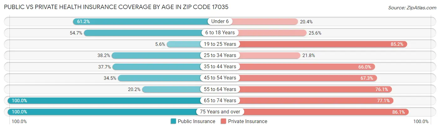 Public vs Private Health Insurance Coverage by Age in Zip Code 17035