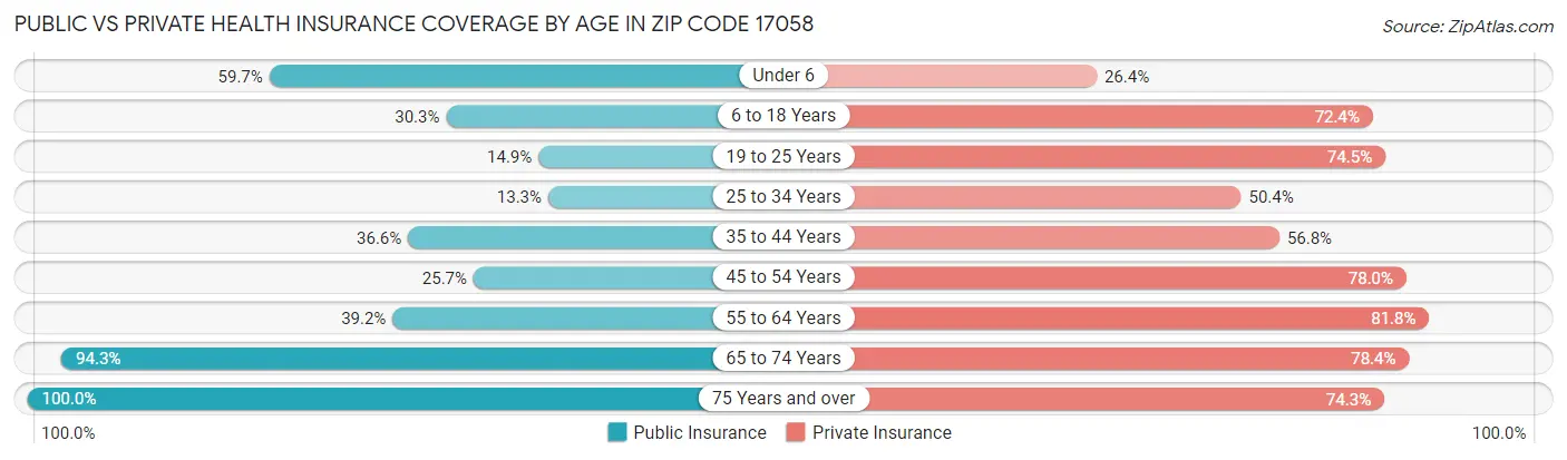 Public vs Private Health Insurance Coverage by Age in Zip Code 17058
