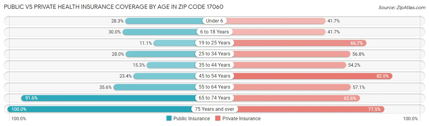 Public vs Private Health Insurance Coverage by Age in Zip Code 17060