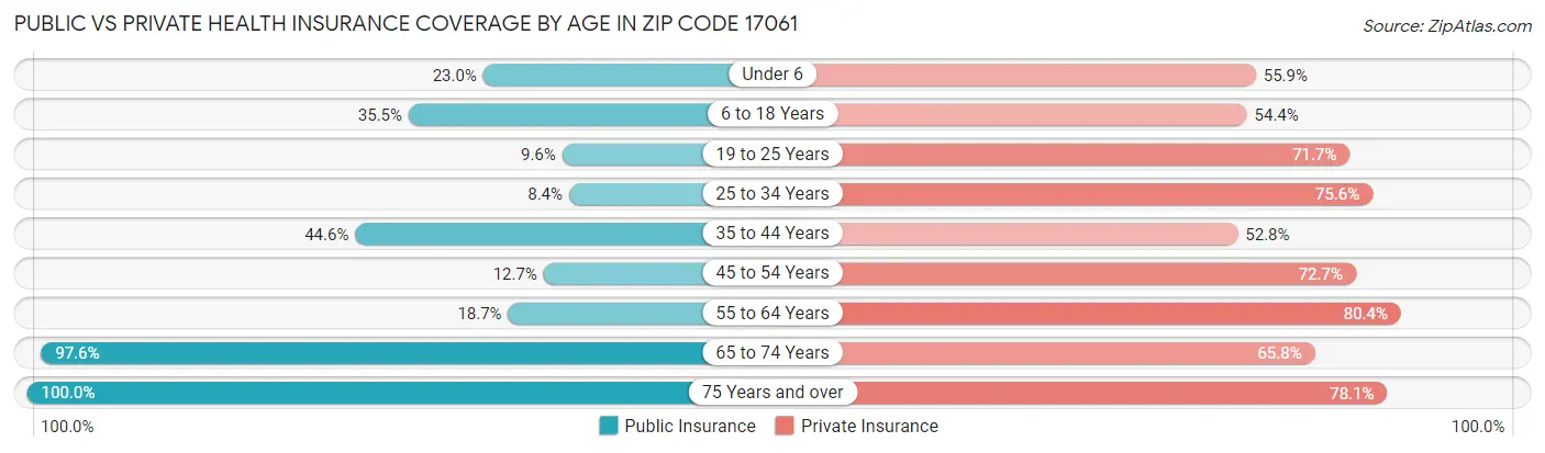 Public vs Private Health Insurance Coverage by Age in Zip Code 17061