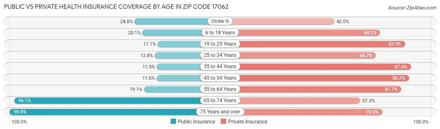 Public vs Private Health Insurance Coverage by Age in Zip Code 17062