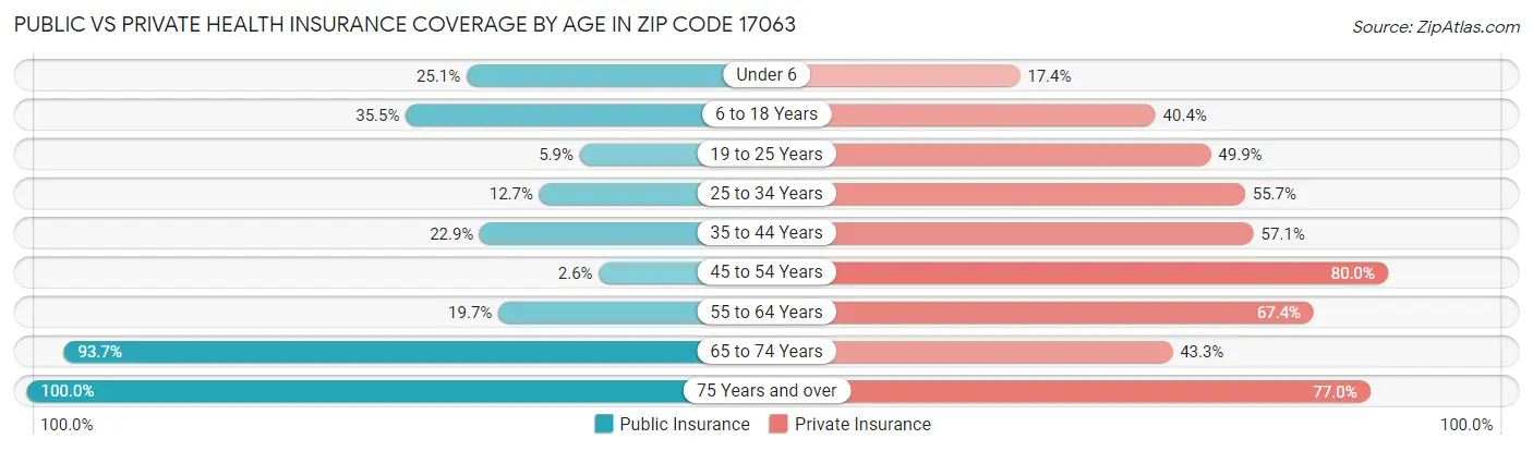 Public vs Private Health Insurance Coverage by Age in Zip Code 17063