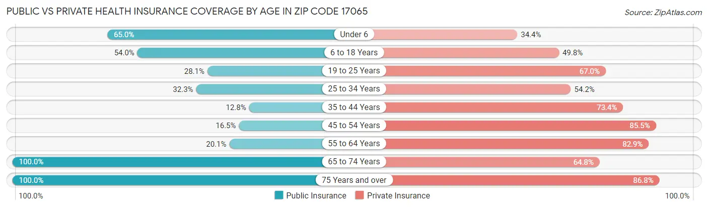 Public vs Private Health Insurance Coverage by Age in Zip Code 17065