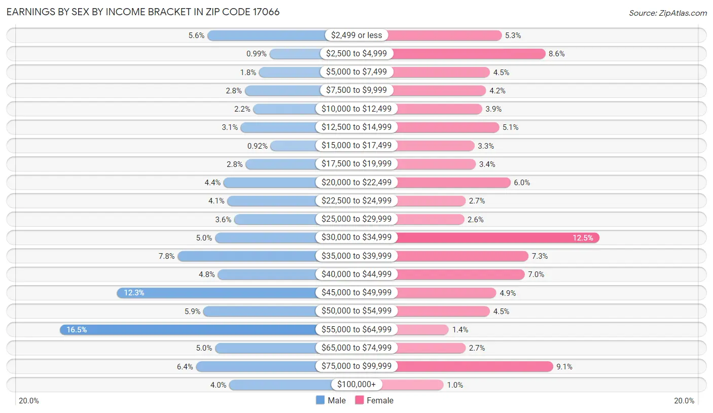 Earnings by Sex by Income Bracket in Zip Code 17066