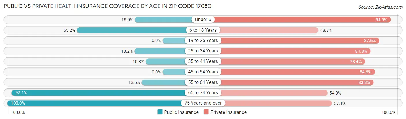 Public vs Private Health Insurance Coverage by Age in Zip Code 17080