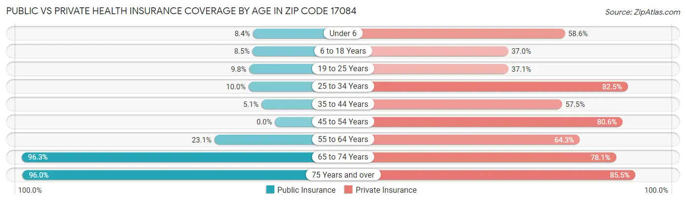 Public vs Private Health Insurance Coverage by Age in Zip Code 17084