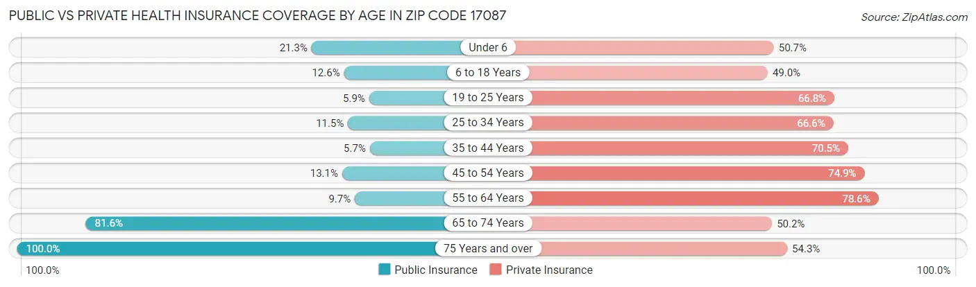 Public vs Private Health Insurance Coverage by Age in Zip Code 17087
