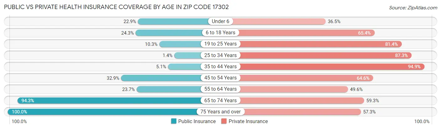 Public vs Private Health Insurance Coverage by Age in Zip Code 17302
