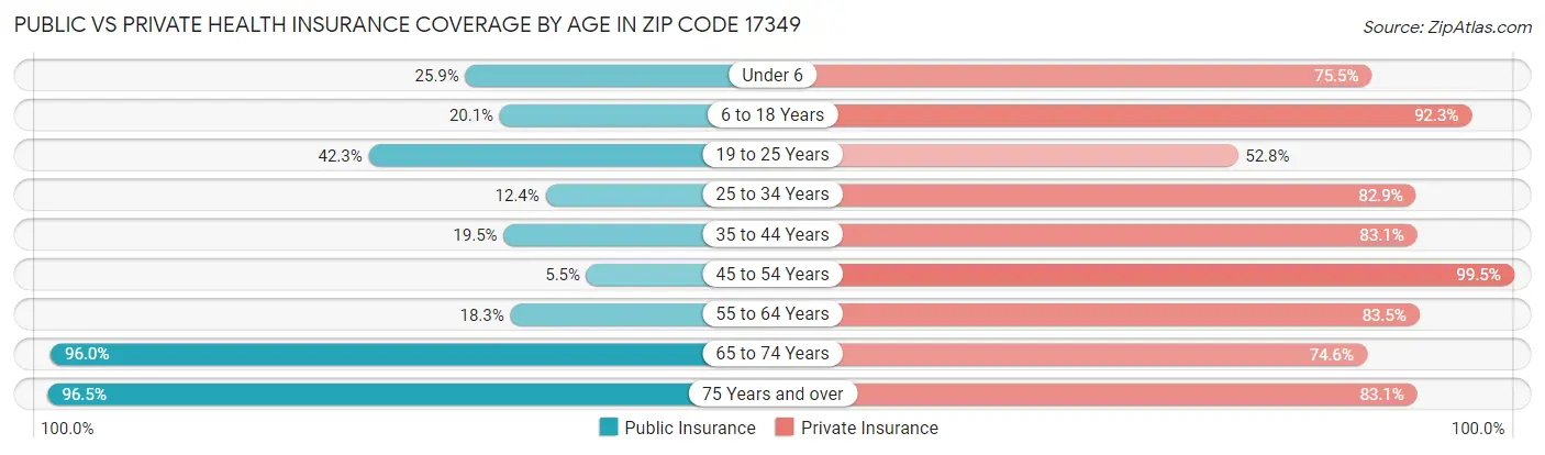 Public vs Private Health Insurance Coverage by Age in Zip Code 17349