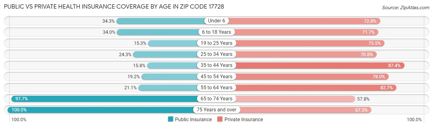 Public vs Private Health Insurance Coverage by Age in Zip Code 17728