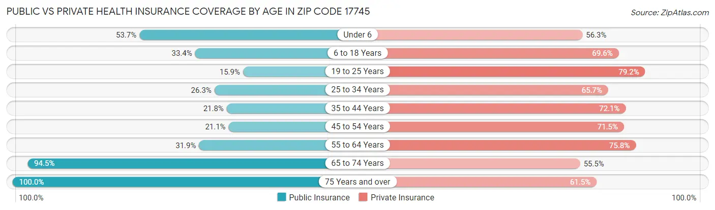 Public vs Private Health Insurance Coverage by Age in Zip Code 17745