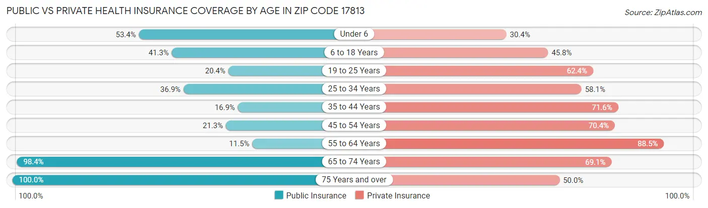 Public vs Private Health Insurance Coverage by Age in Zip Code 17813