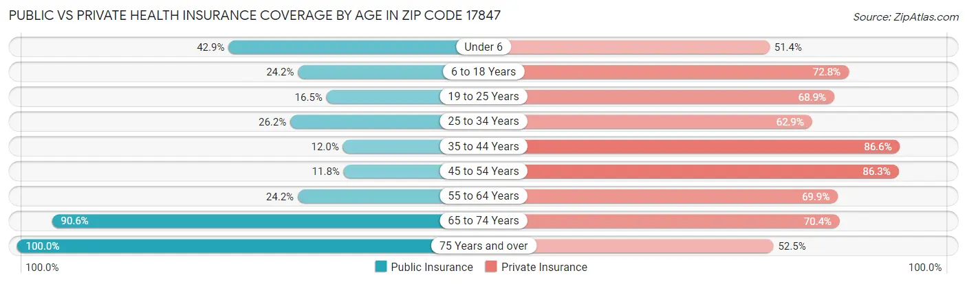 Public vs Private Health Insurance Coverage by Age in Zip Code 17847
