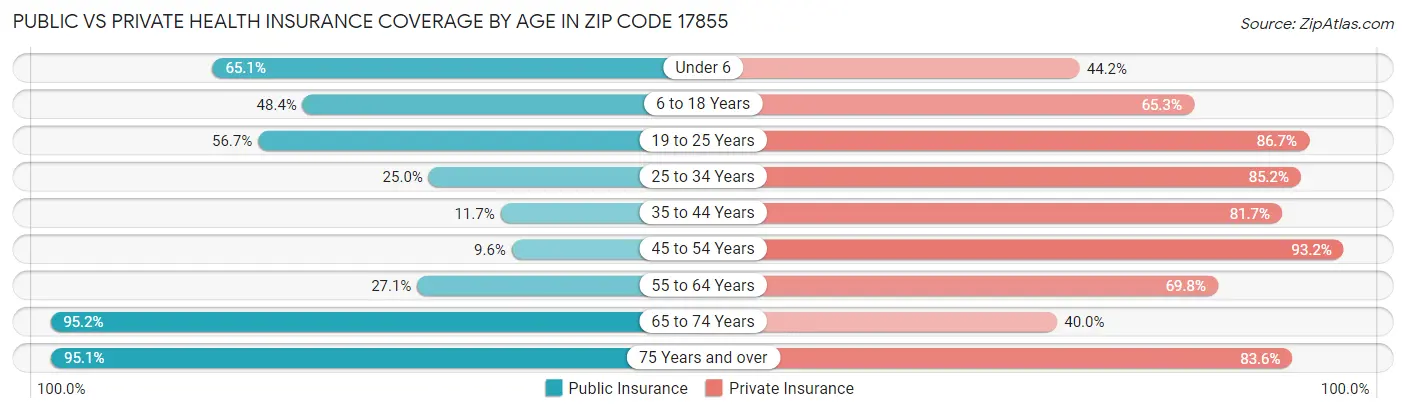 Public vs Private Health Insurance Coverage by Age in Zip Code 17855