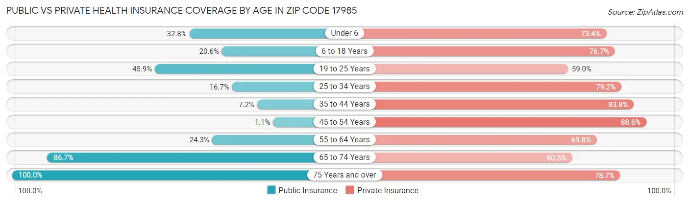 Public vs Private Health Insurance Coverage by Age in Zip Code 17985