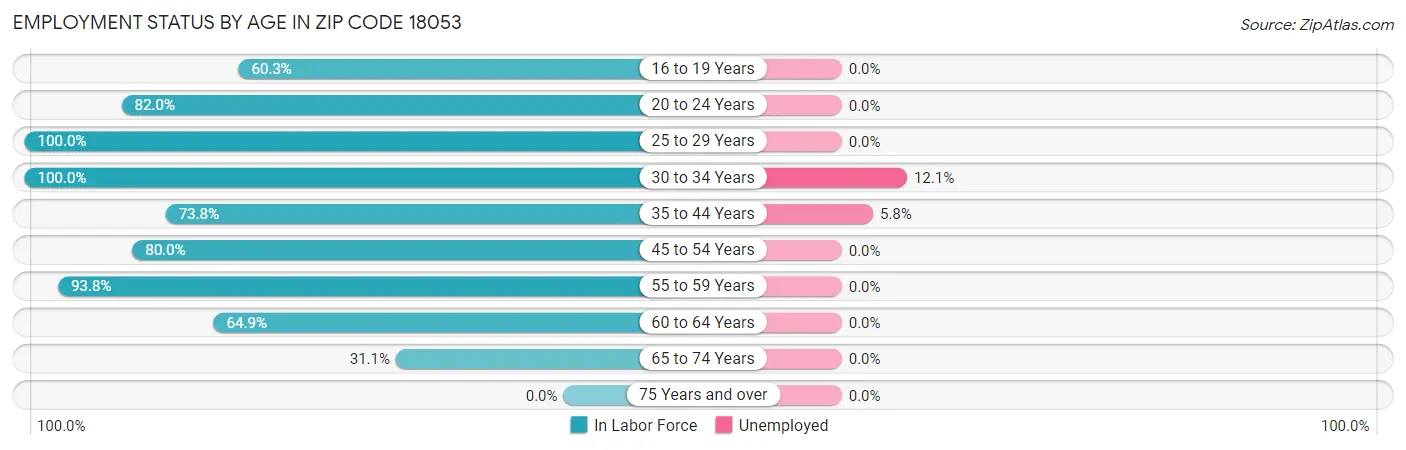 Employment Status by Age in Zip Code 18053