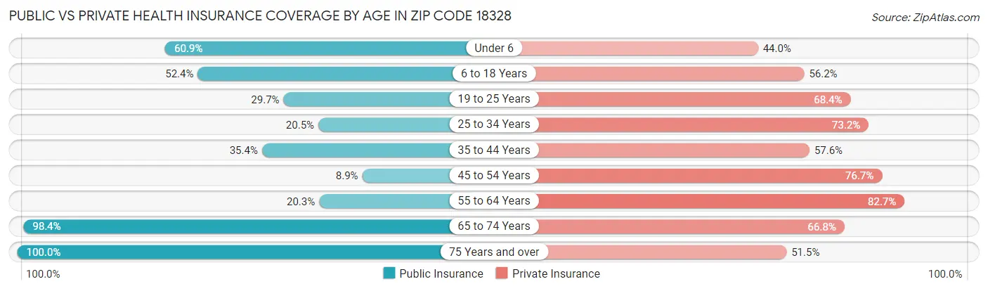 Public vs Private Health Insurance Coverage by Age in Zip Code 18328