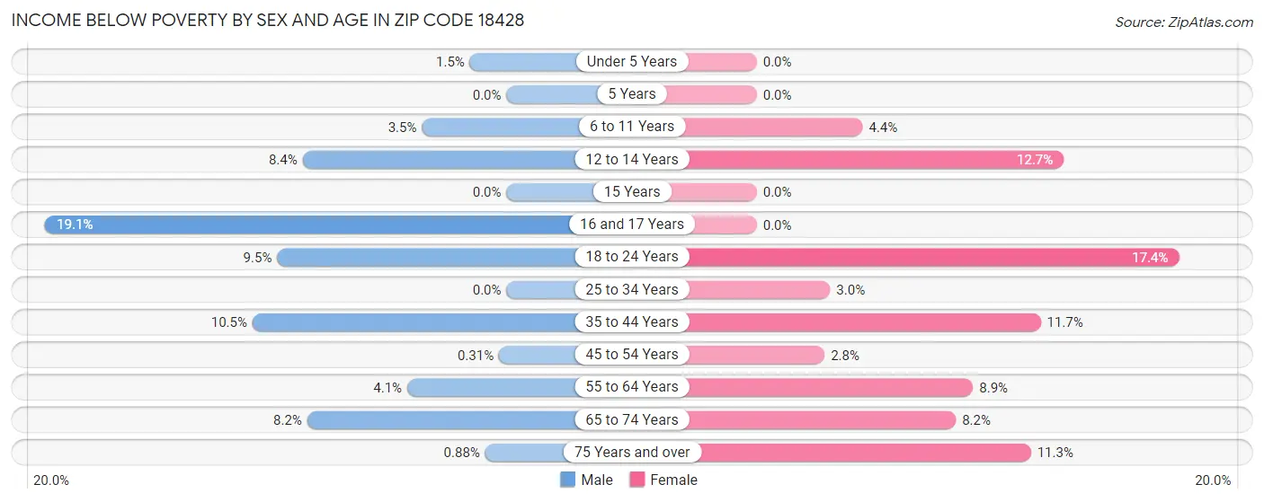 Income Below Poverty by Sex and Age in Zip Code 18428