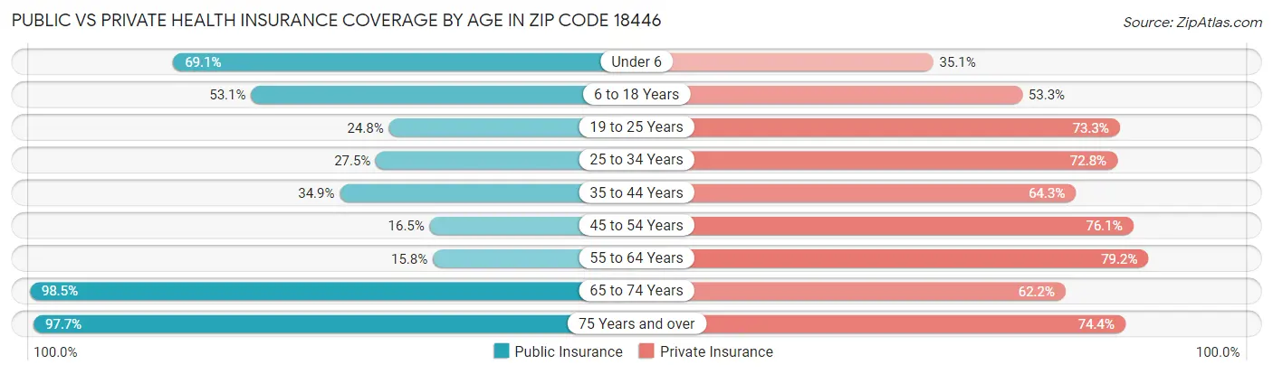 Public vs Private Health Insurance Coverage by Age in Zip Code 18446