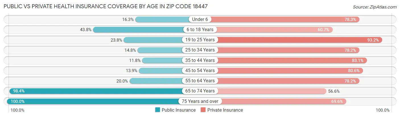 Public vs Private Health Insurance Coverage by Age in Zip Code 18447