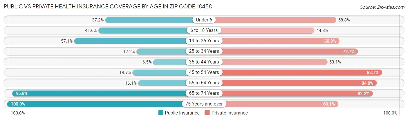 Public vs Private Health Insurance Coverage by Age in Zip Code 18458
