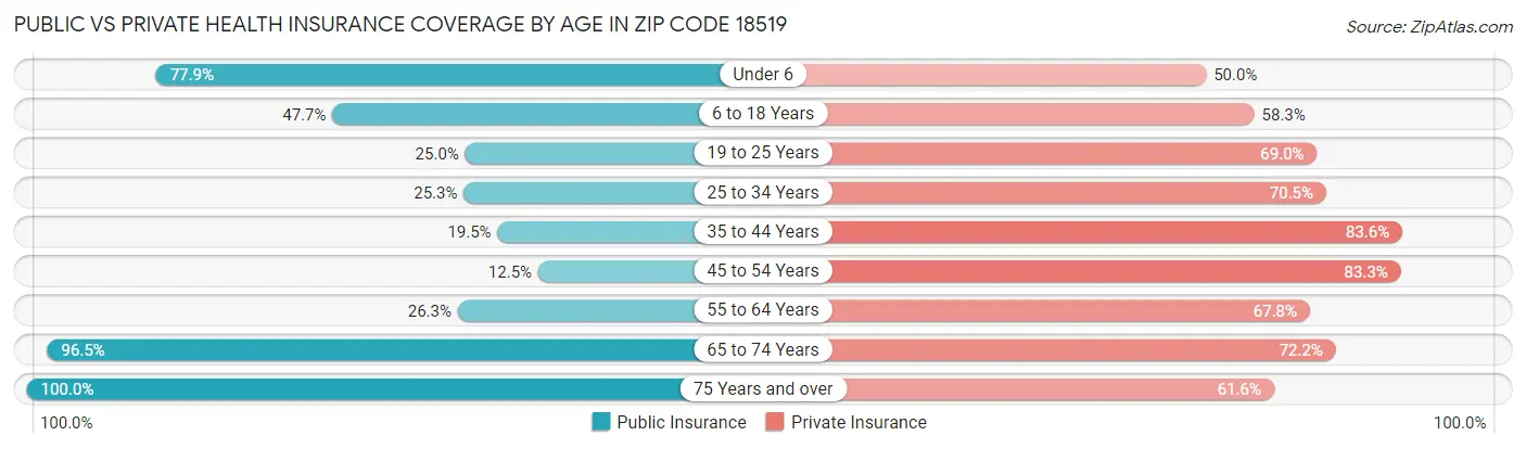 Public vs Private Health Insurance Coverage by Age in Zip Code 18519