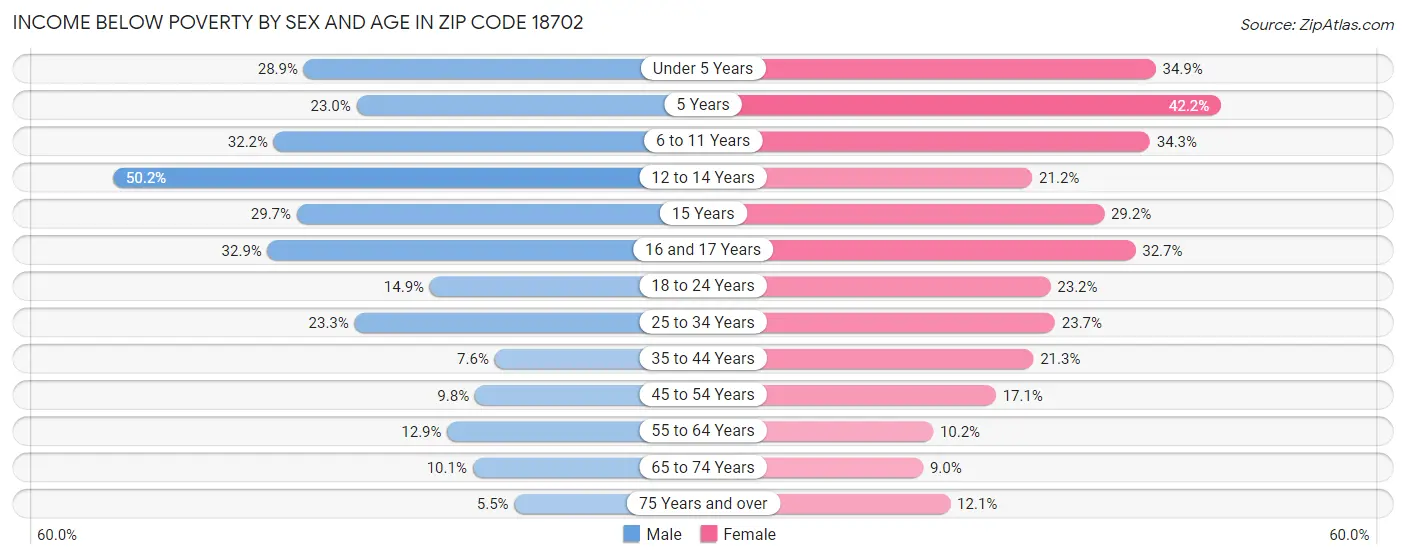 Income Below Poverty by Sex and Age in Zip Code 18702