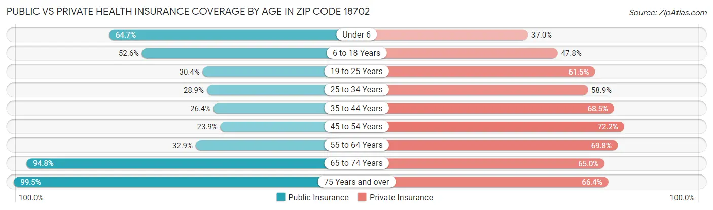 Public vs Private Health Insurance Coverage by Age in Zip Code 18702