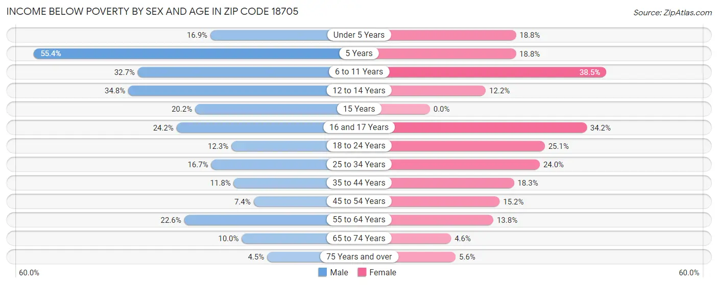 Income Below Poverty by Sex and Age in Zip Code 18705