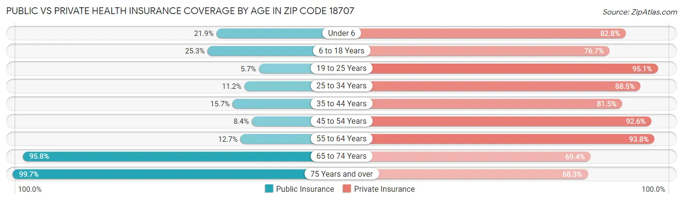 Public vs Private Health Insurance Coverage by Age in Zip Code 18707