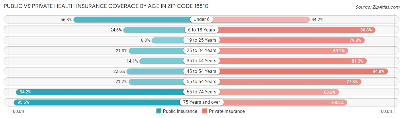 Public vs Private Health Insurance Coverage by Age in Zip Code 18810