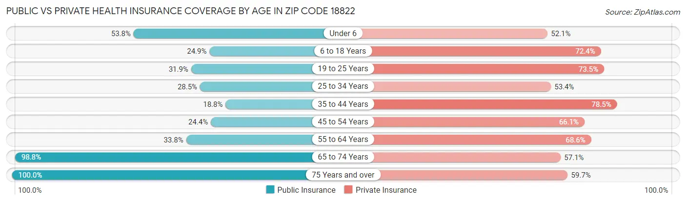 Public vs Private Health Insurance Coverage by Age in Zip Code 18822