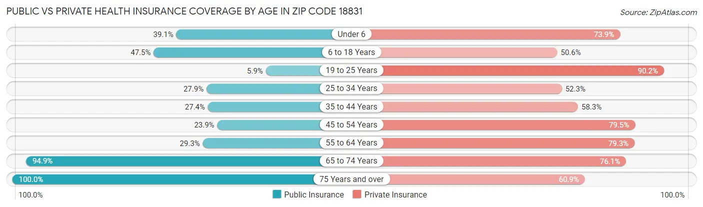 Public vs Private Health Insurance Coverage by Age in Zip Code 18831