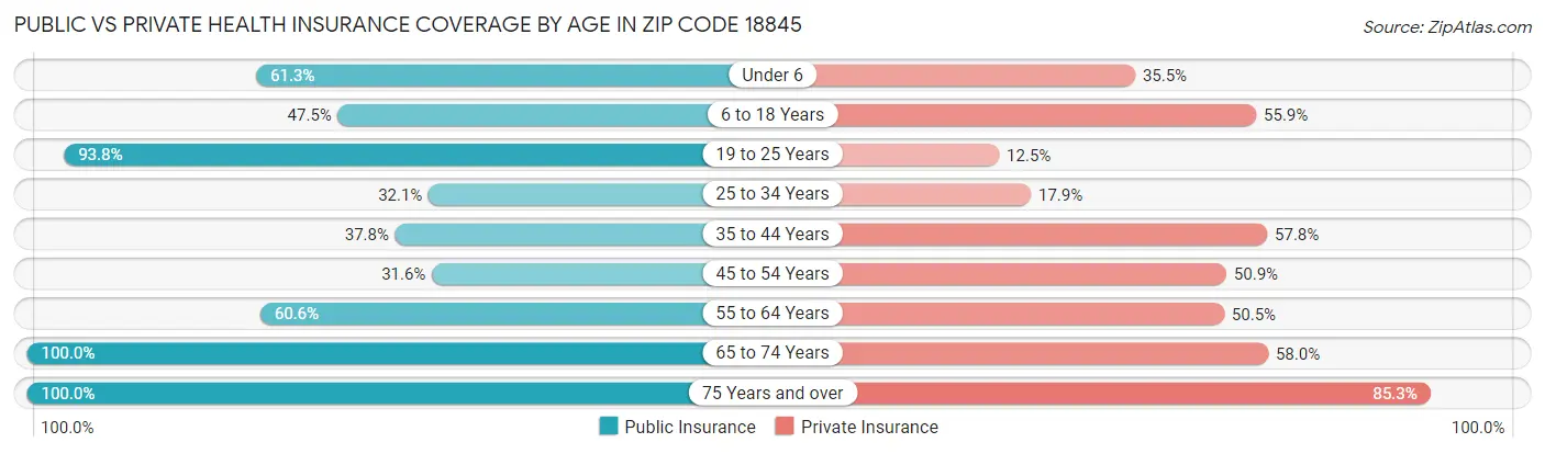 Public vs Private Health Insurance Coverage by Age in Zip Code 18845