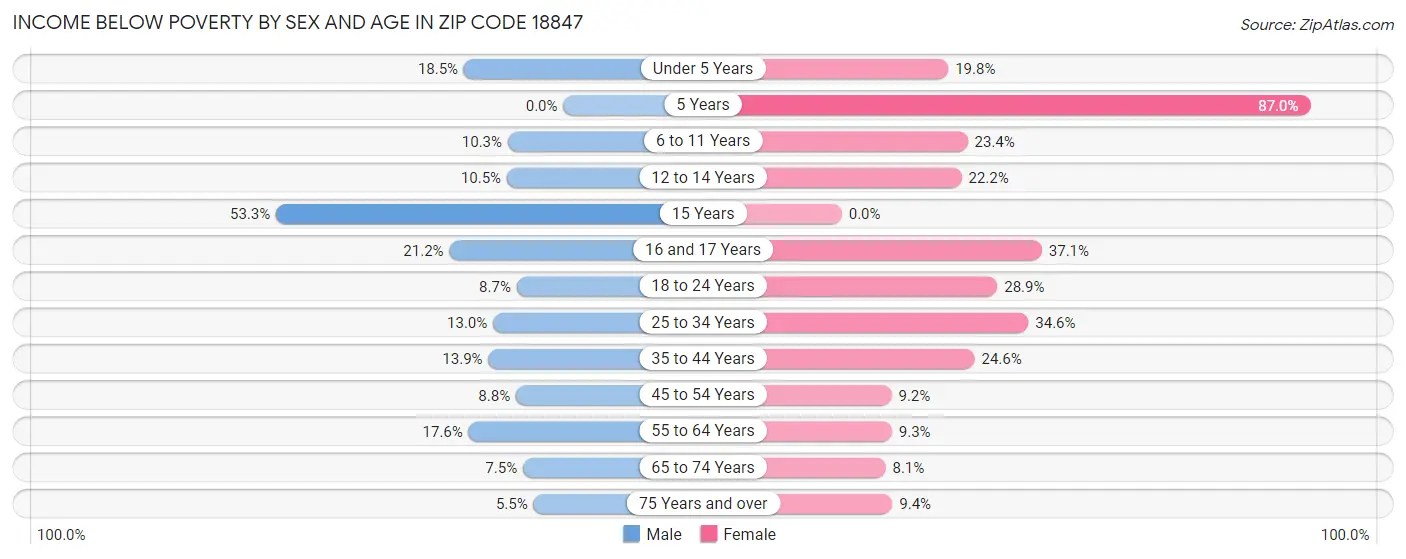 Income Below Poverty by Sex and Age in Zip Code 18847