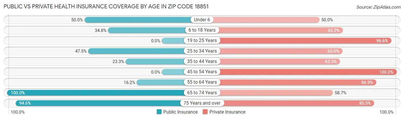 Public vs Private Health Insurance Coverage by Age in Zip Code 18851