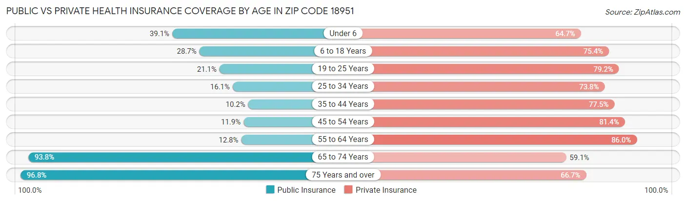 Public vs Private Health Insurance Coverage by Age in Zip Code 18951