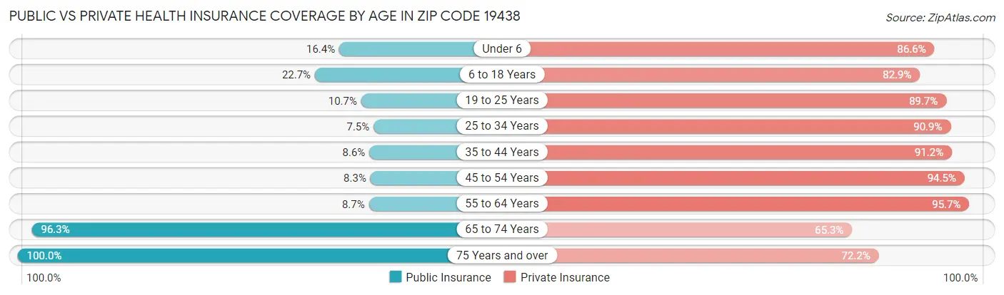 Public vs Private Health Insurance Coverage by Age in Zip Code 19438