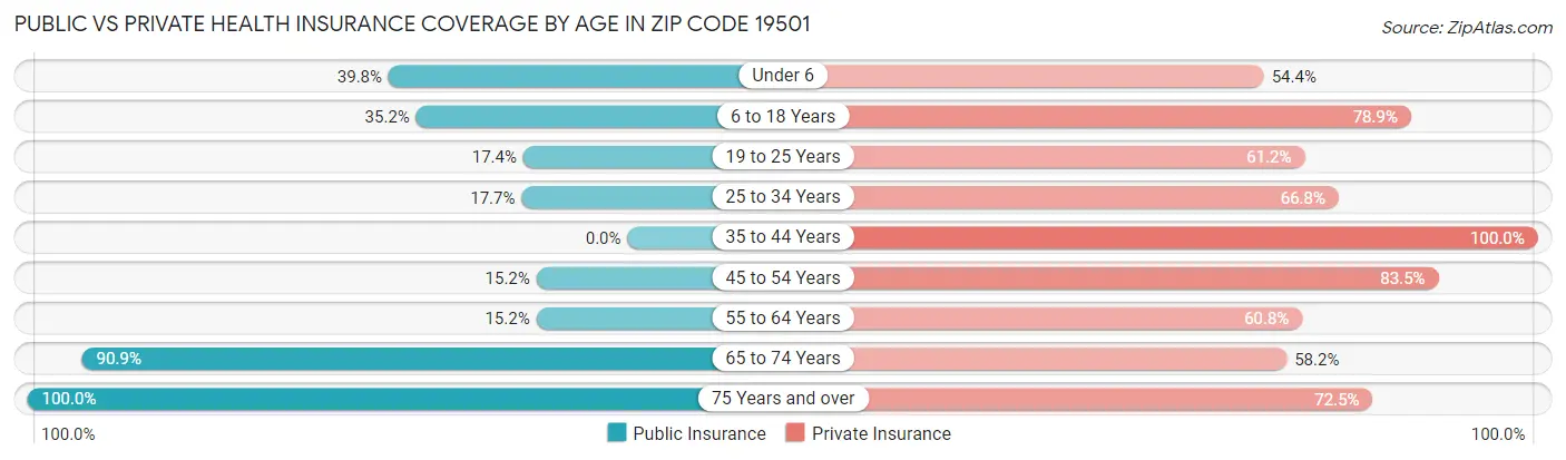 Public vs Private Health Insurance Coverage by Age in Zip Code 19501