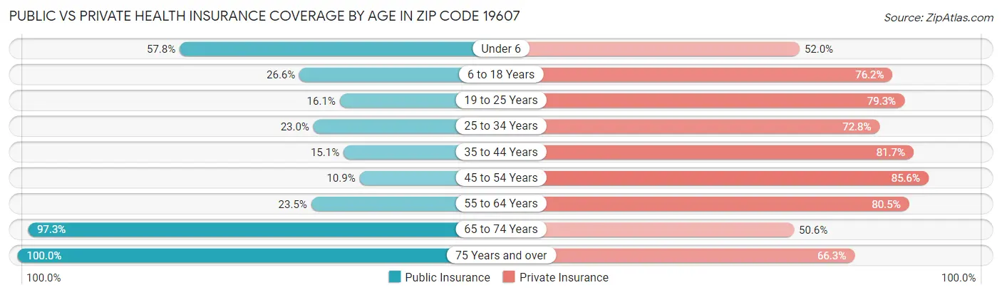 Public vs Private Health Insurance Coverage by Age in Zip Code 19607