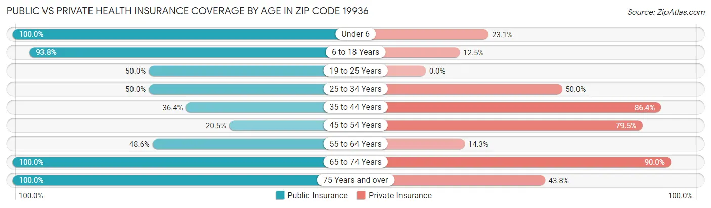 Public vs Private Health Insurance Coverage by Age in Zip Code 19936