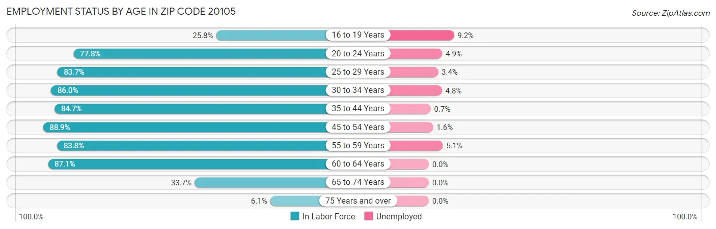 Employment Status by Age in Zip Code 20105
