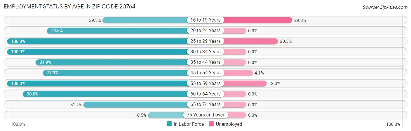 Employment Status by Age in Zip Code 20764