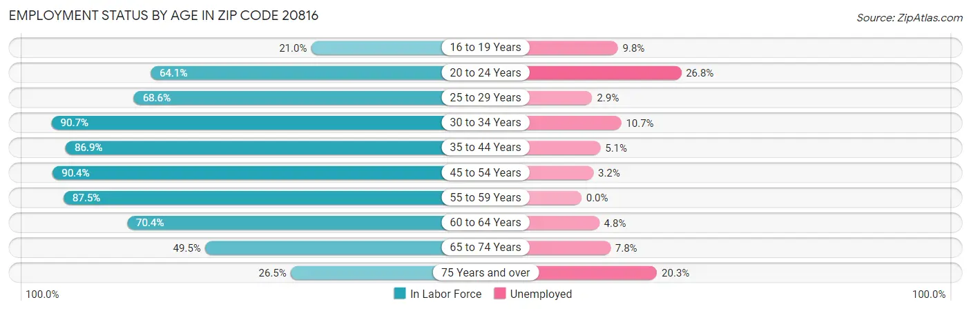 Employment Status by Age in Zip Code 20816