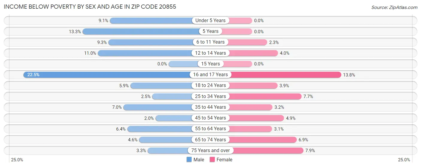 Income Below Poverty by Sex and Age in Zip Code 20855