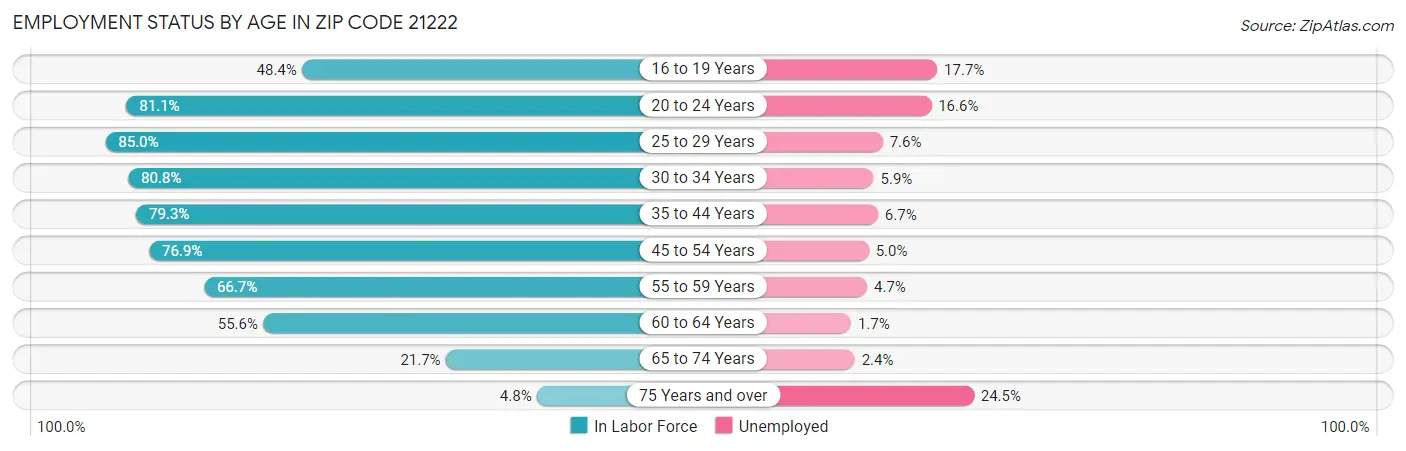 Employment Status by Age in Zip Code 21222