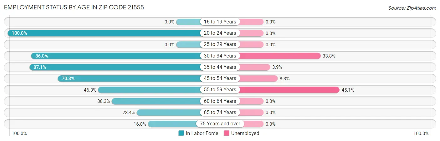 Employment Status by Age in Zip Code 21555