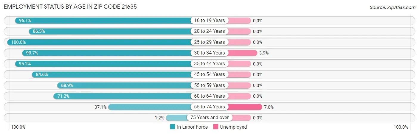 Employment Status by Age in Zip Code 21635
